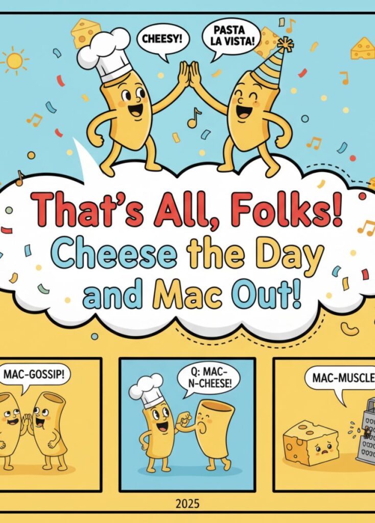 A playful mac-and-cheese-themed joke titled 'That's All Folks: Cheese the Day and Mac Out,' featuring clever wordplay, humor, and lighthearted fun for readers.