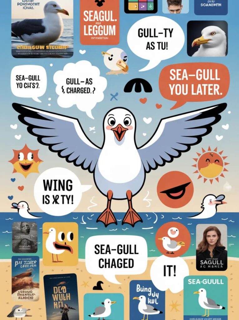 : An engaging image illustrating the impact of seagull puns in culture, with cartoon seagulls interacting in funny, memorable scenarios