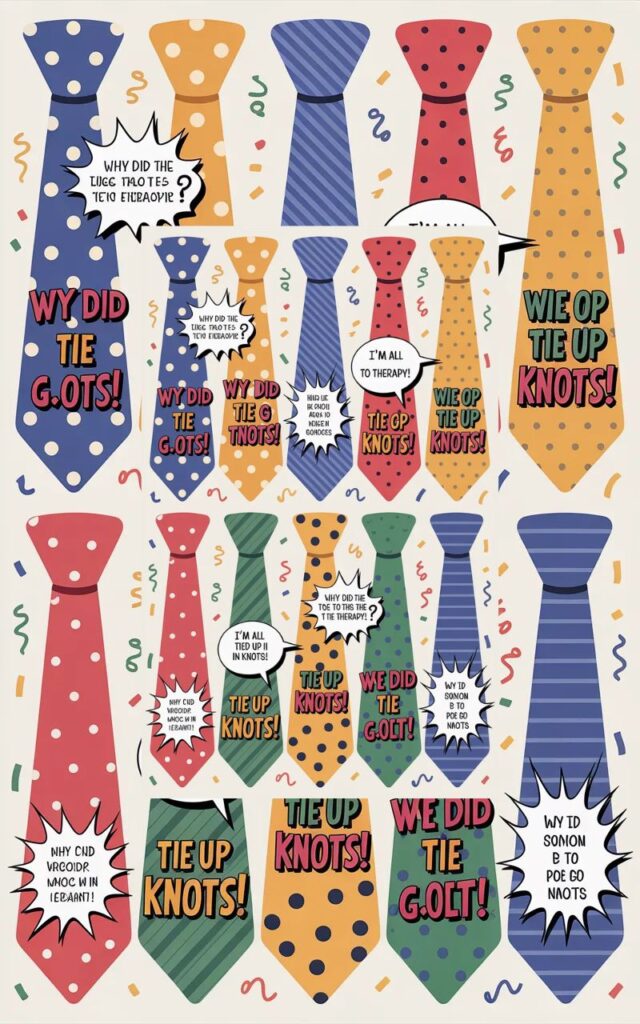 A playful image featuring tie Q&A quips with cartoon ties and shirts sharing funny question-and-answer puns about fashion