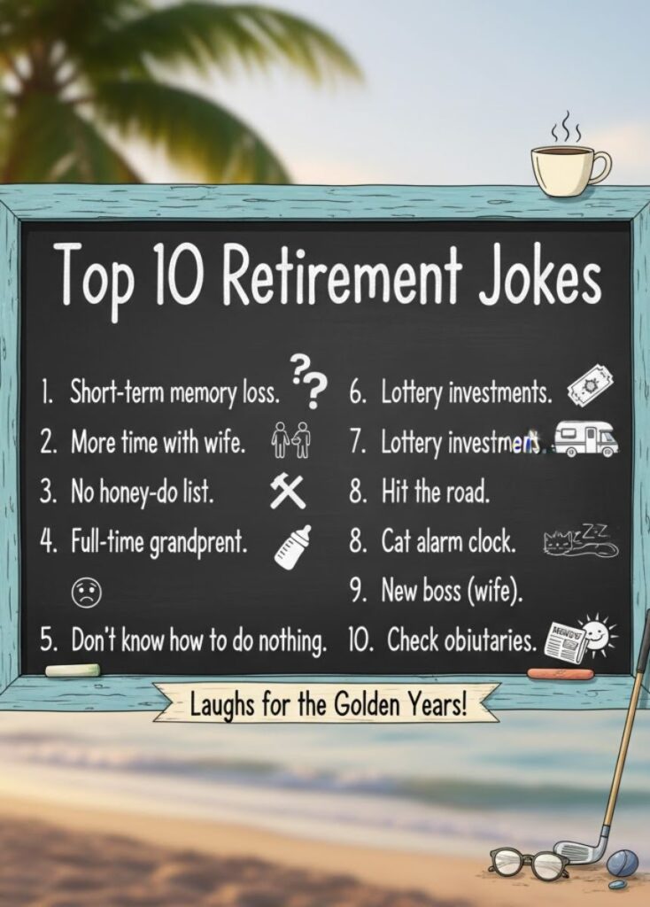 Illustration of a humorous retirement scene with playful icons and text representing the top 10 funniest retirement jokes."