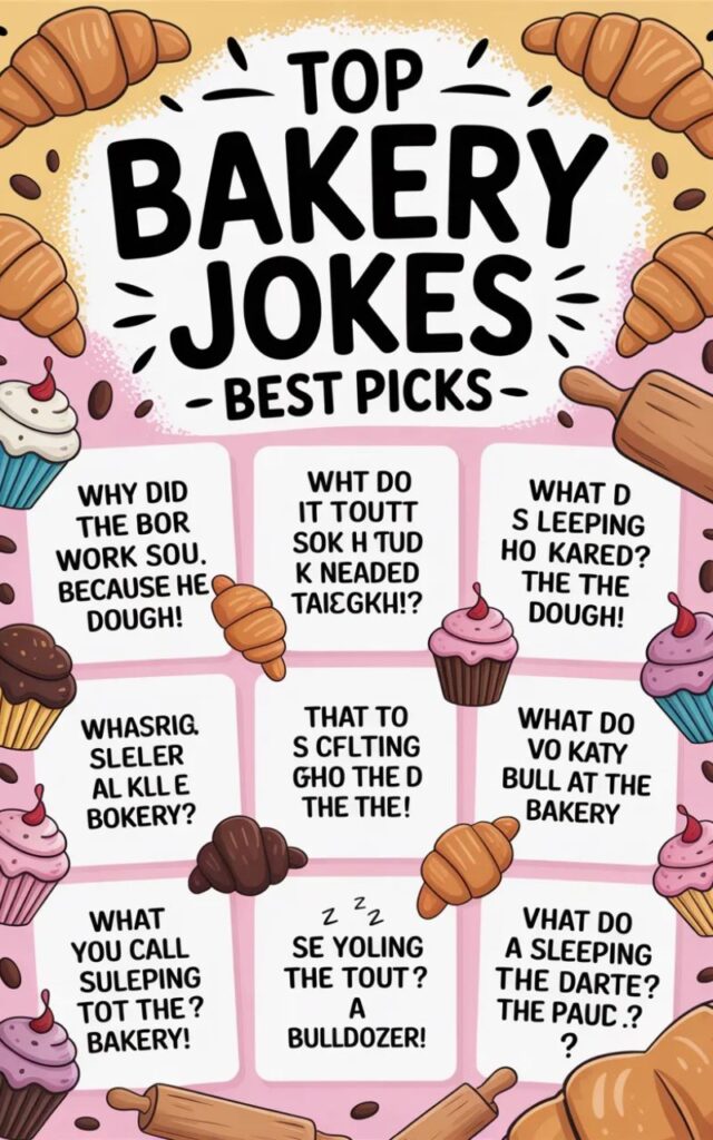 A fun image featuring top bakery jokes with smiling cartoon bread, cakes, and pastries sharing the best, lighthearted humor