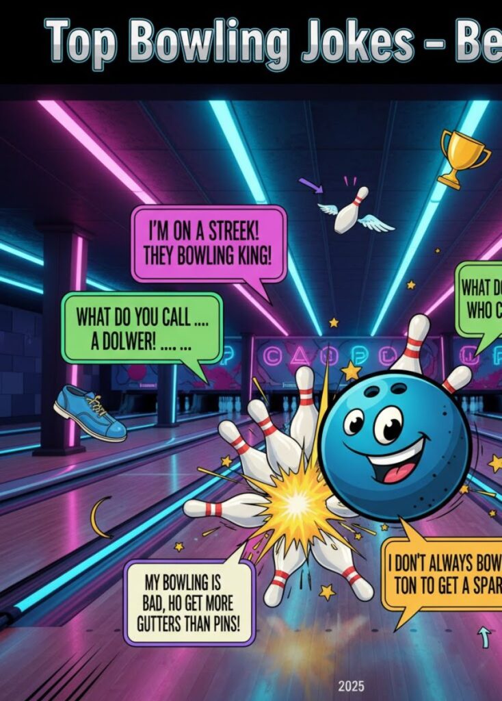 "Illustration of friends enjoying a bowling game with laughter, highlighting the top and funniest bowling jokes."