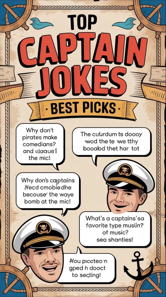 A fun image showcasing top captain jokes with cartoon ships, pirates, and captains delivering the best, laugh-out-loud one-liners perfect for social media and nautical humor.