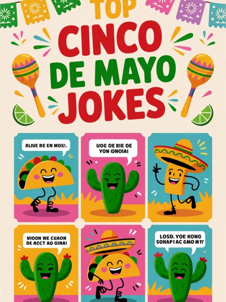 A festive image featuring top Cinco de Mayo jokes with tacos, sombreros, and maracas sharing playful, lighthearted humor perfect for parties and social media.