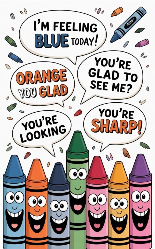 A fun image featuring top crayon jokes with colorful crayons, smiling characters, and playful expressions delivering the best, lighthearted humor perfect for kids and social media.