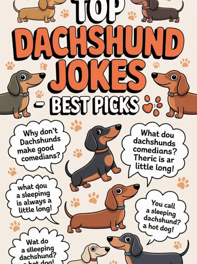 A happy dachshund wearing sunglasses, surrounded by laughing people, highlighting the top dachshund jokes and best picks for fun and humor.