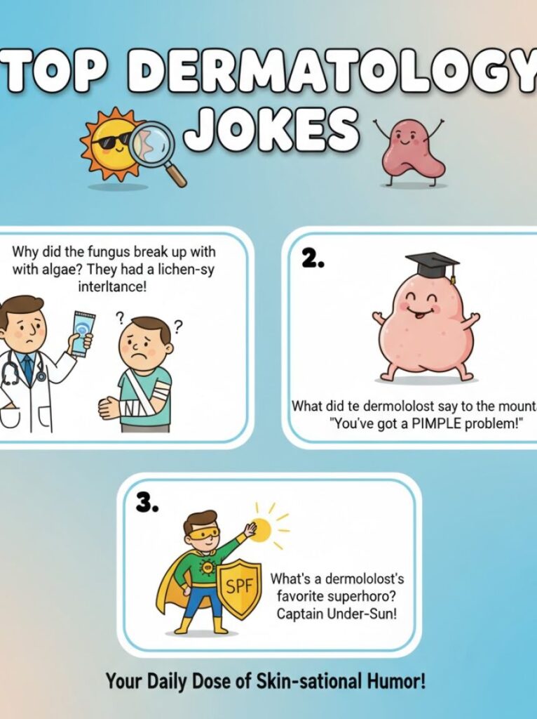 A smiling dermatologist pointing to a funny skin illustration, surrounded by laughing colleagues, highlighting the top dermatology jokes and best picks for humor.