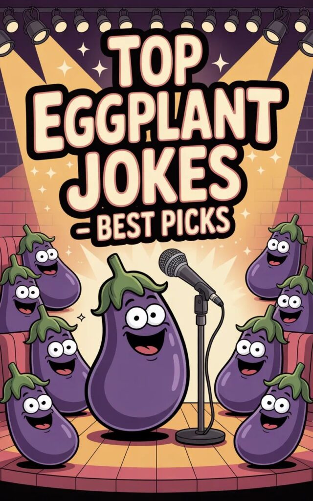 A humorous image featuring top eggplant jokes with cartoon eggplants and playful expressions delivering the best, laugh-out-loud one-liners for social media and fun.