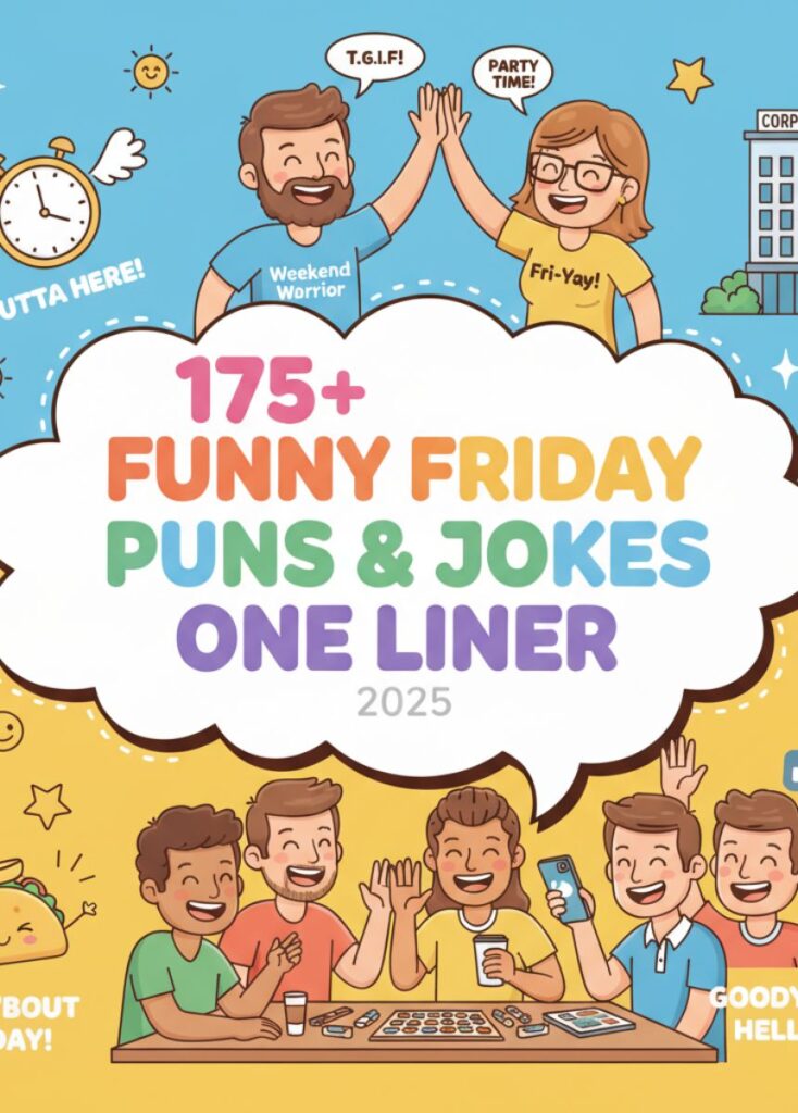 A collection of 175 funny Friday-themed puns and one-liner jokes for 2025, featuring playful humor, clever wordplay, and lighthearted laughs.