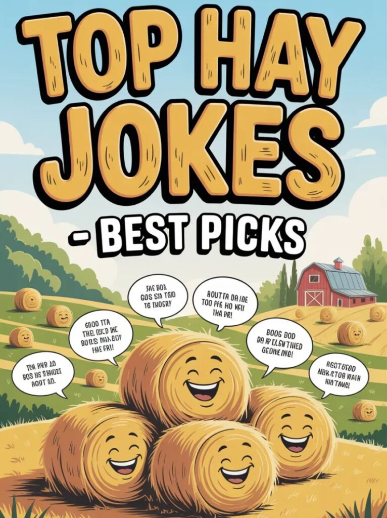 A happy cartoon haystack laughing with farm animals, highlighting the top hay jokes and best picks for fun and playful humor.