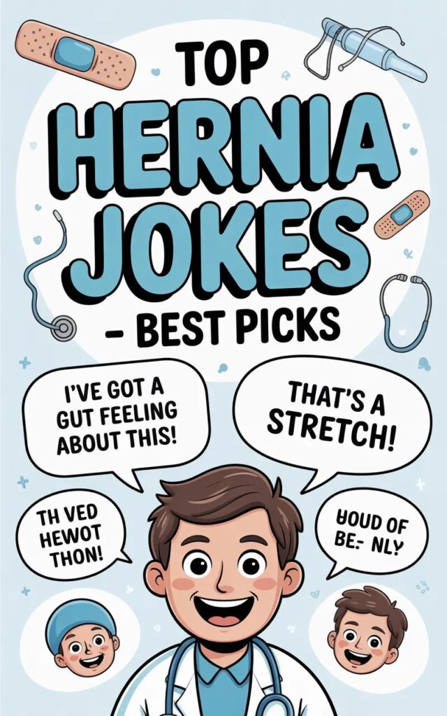 : A funny image featuring top hernia jokes with lighthearted medical humor, cartoon characters, and playful expressions, perfect for social media laughs and friendly fun.