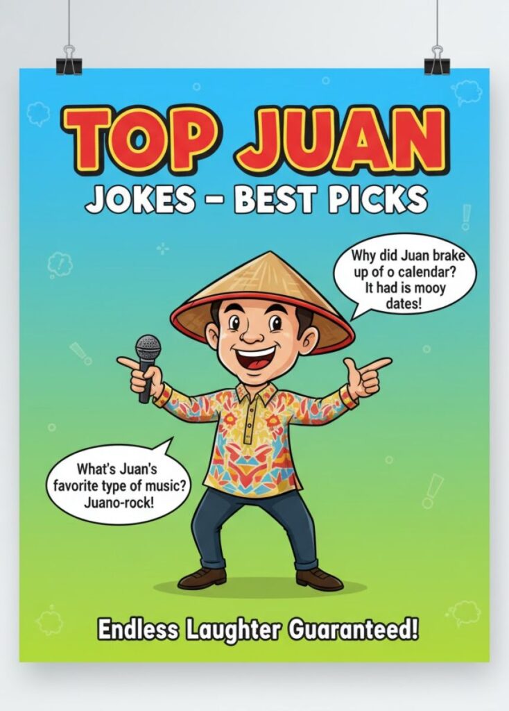 "Colorful illustration of people laughing and enjoying 180 funny one-liner Juan puns and jokes for 2025."