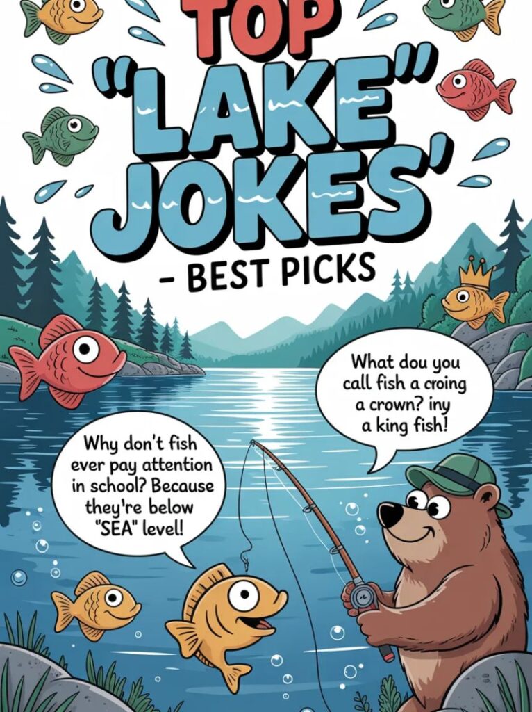 A happy cartoon lake with laughing fish and surrounding nature, highlighting the top lake jokes