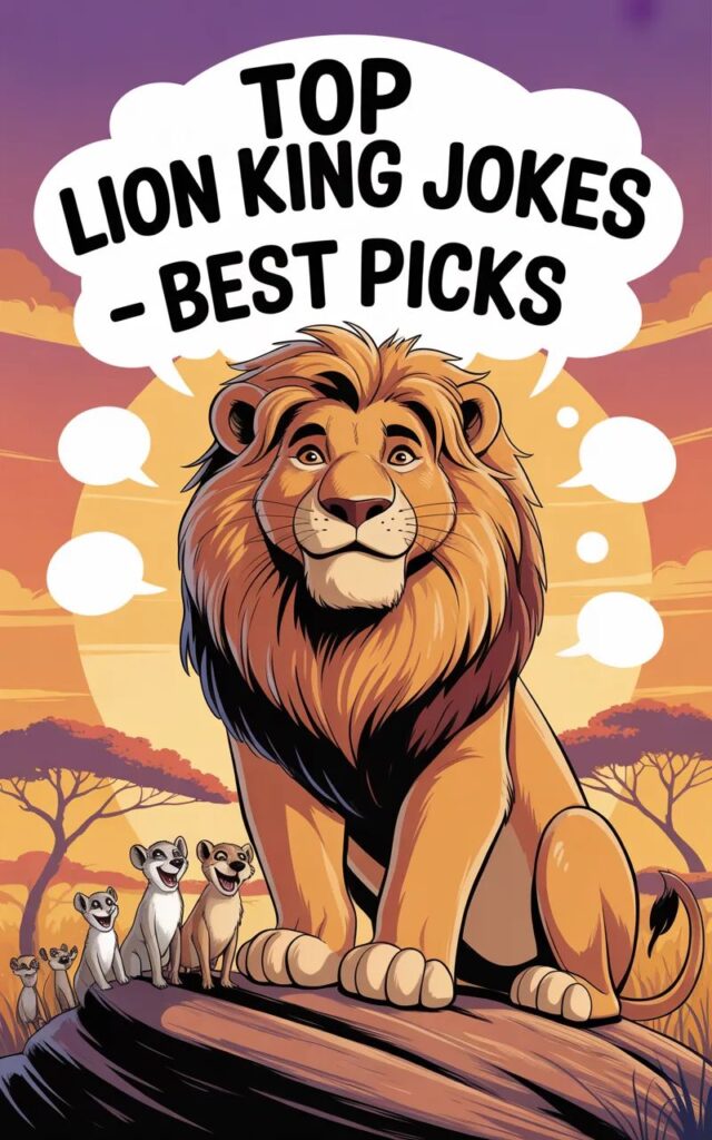A fun image featuring top Lion King jokes with cartoon lions, Pride Rock, and characters sharing the best, lighthearted, and fan-favorite humor perfect for social media.