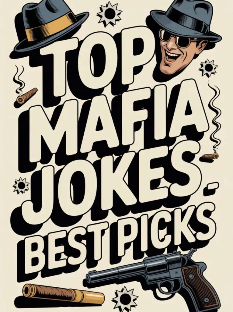 A cartoon mobster in a fedora laughing with friends, representing funny Mafia puns and jokes full of witty and crime-themed humor.