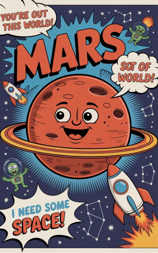 A fun image featuring top Mars jokes with cartoon planets, rockets, and astronauts delivering the best, lighthearted, and shareable space-themed humor.