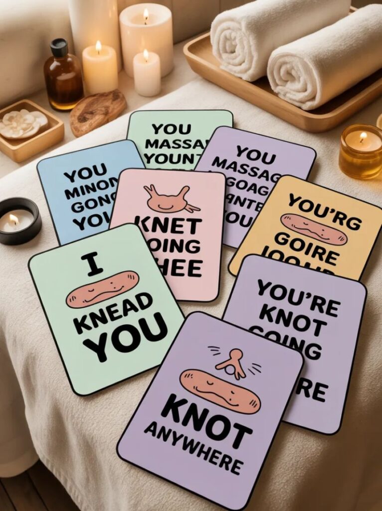 A cheerful image featuring top massage jokes with cartoon hands, spa tools, and relaxed faces sharing lighthearted humor in a calm, soothing, and funny style.