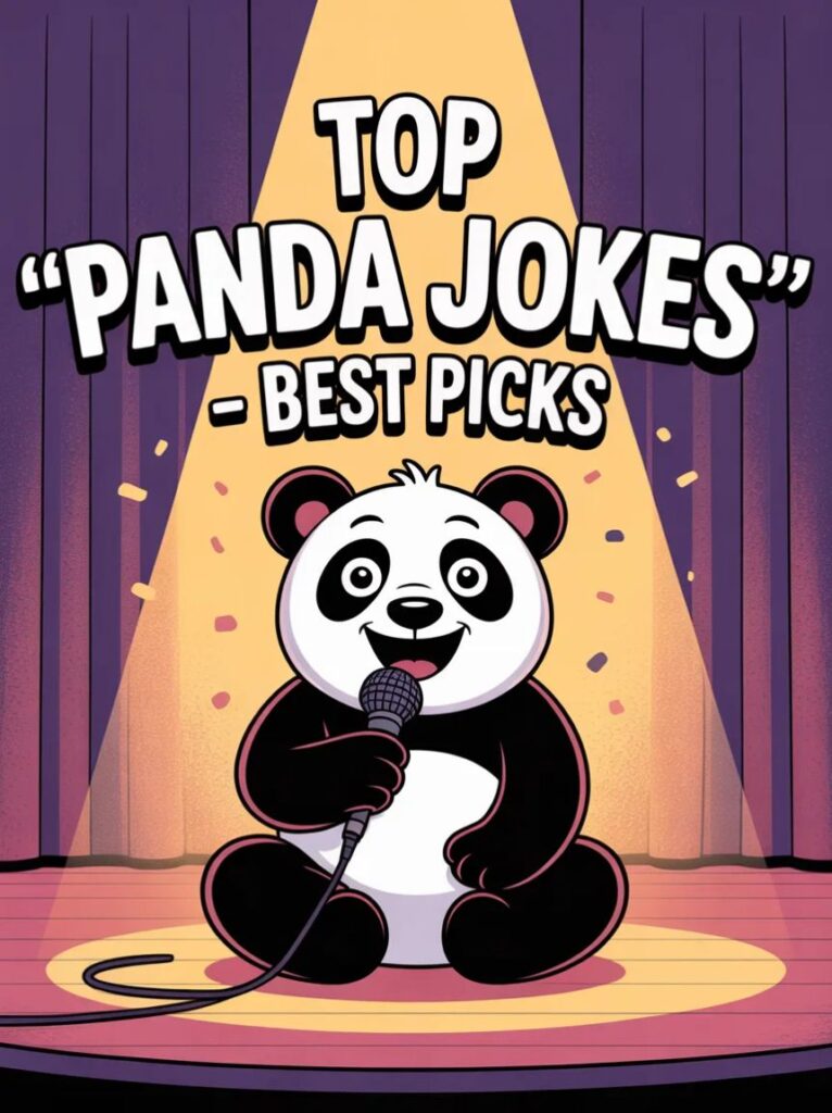 A happy cartoon panda sitting and laughing, surrounded by friends, showcasing the top panda jokes