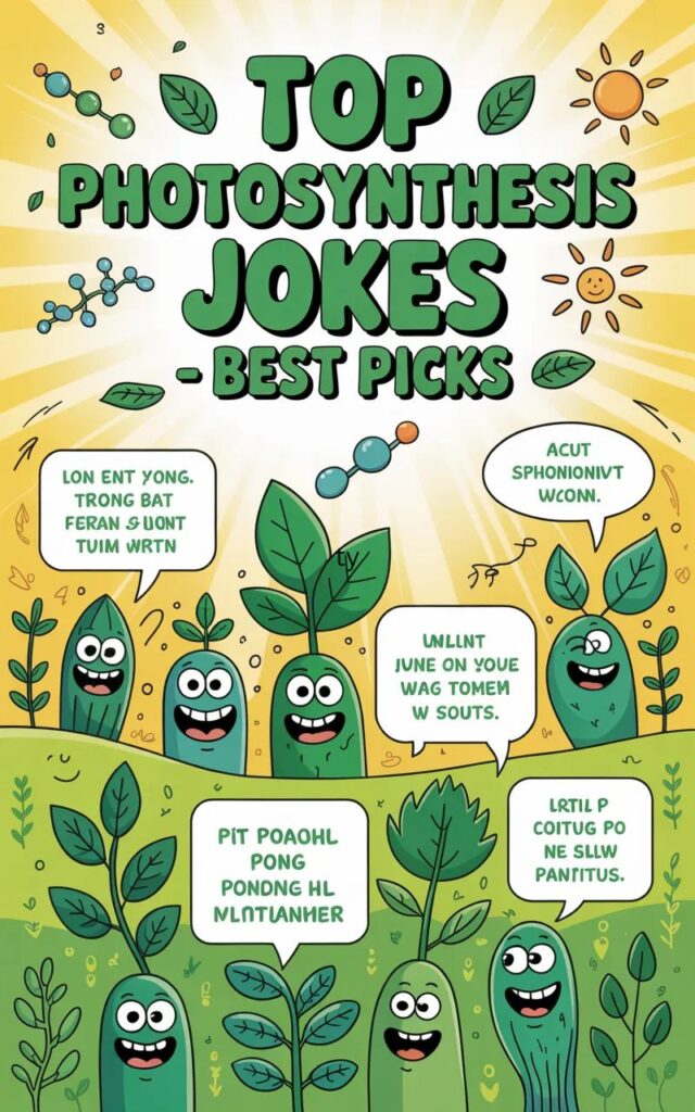 A fun image featuring top photosynthesis jokes with cartoon plants, sunlight, and smiling leaves sharing the best, lighthearted, and educational plant-themed humor.