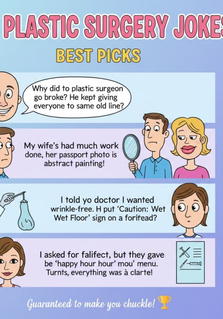Top plastic surgery jokes and puns, featuring the best funny one-liners and witty humor perfect for sharing laughs online or with friends."