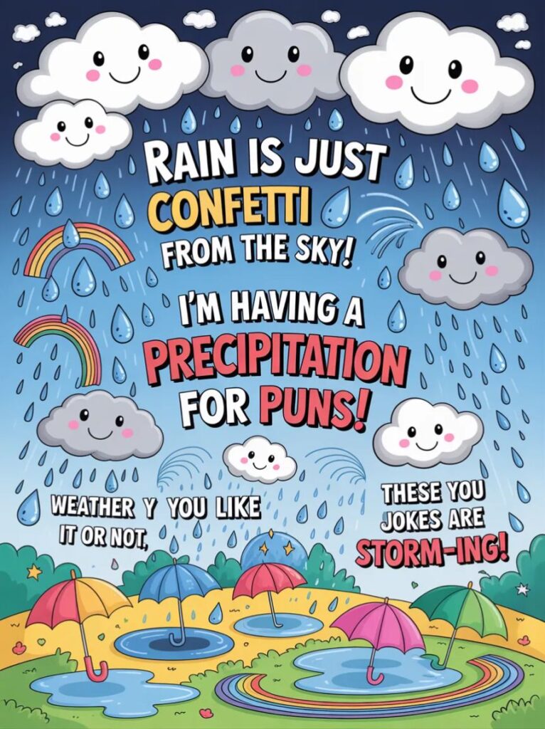 A cartoon umbrella with raindrops and smiling faces, representing the top rain puns used for jokes