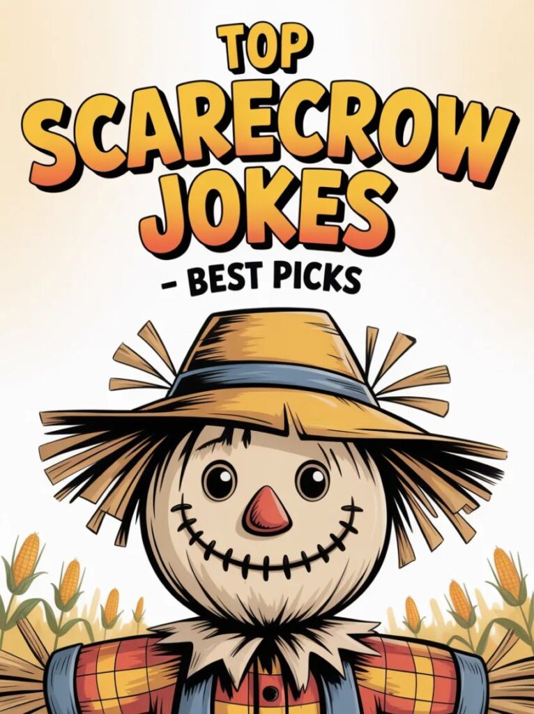 A cheerful cartoon scarecrow standing in a field, laughing, representing the top scarecrow jokes