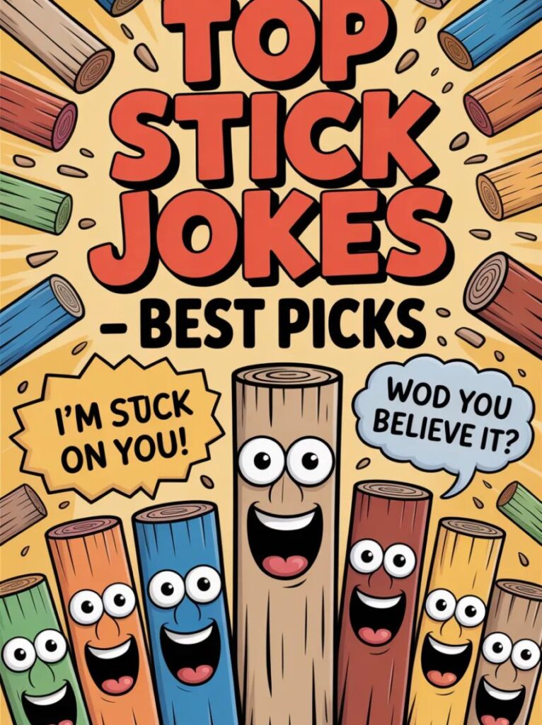 A happy cartoon stick figure laughing with friends, highlighting the top stick jokes and best picks for playful humor.