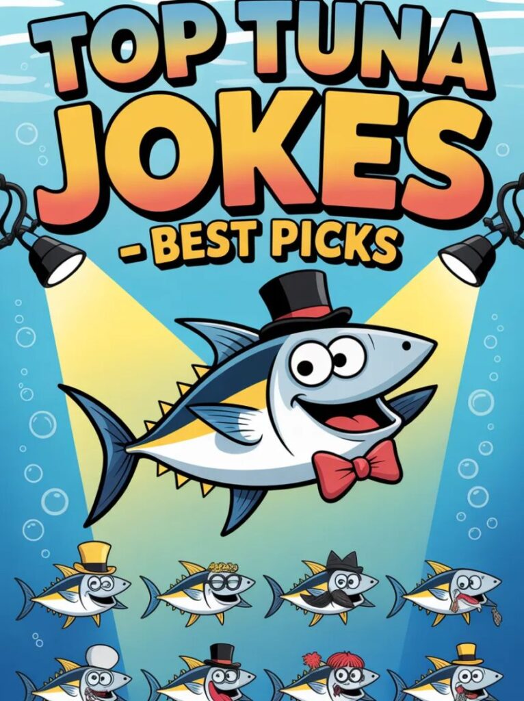 A happy cartoon tuna jumping out of water, surrounded by laughing friends, highlighting the top tuna jokes and best picks for playful humor.