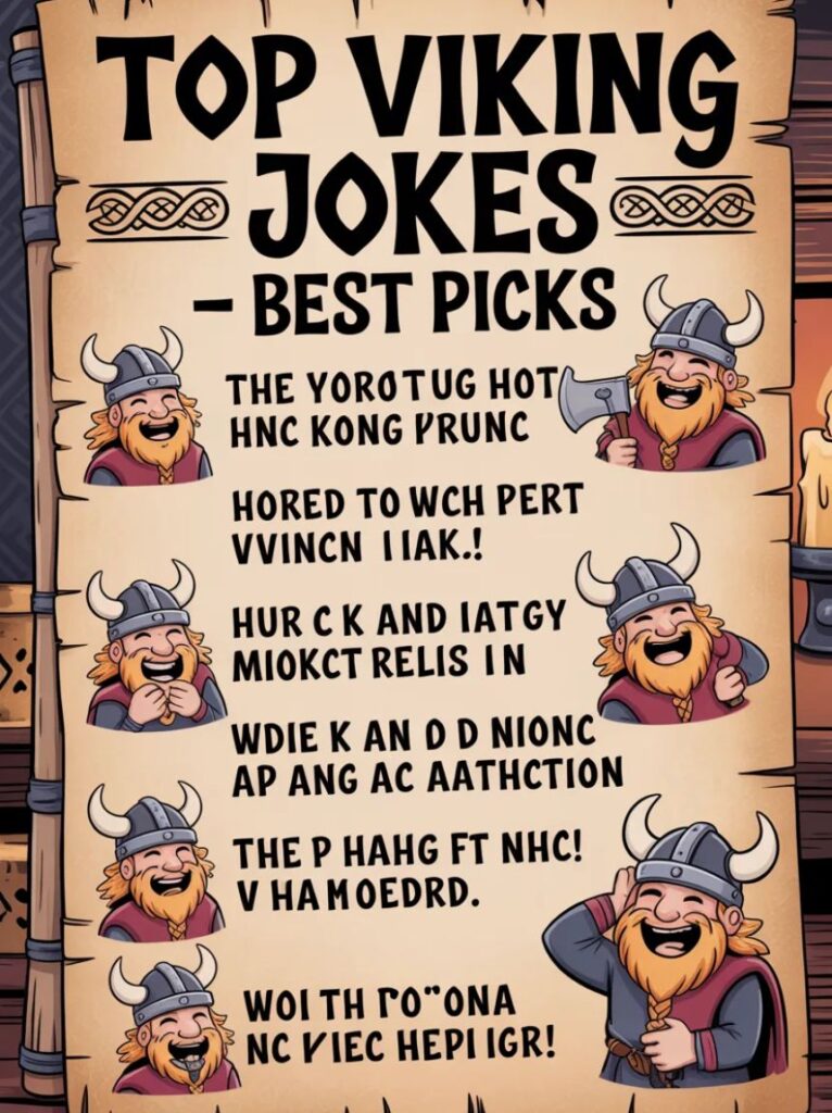 A happy cartoon Viking holding a shield and laughing, highlighting the top Viking jokes and best picks for playful humor.