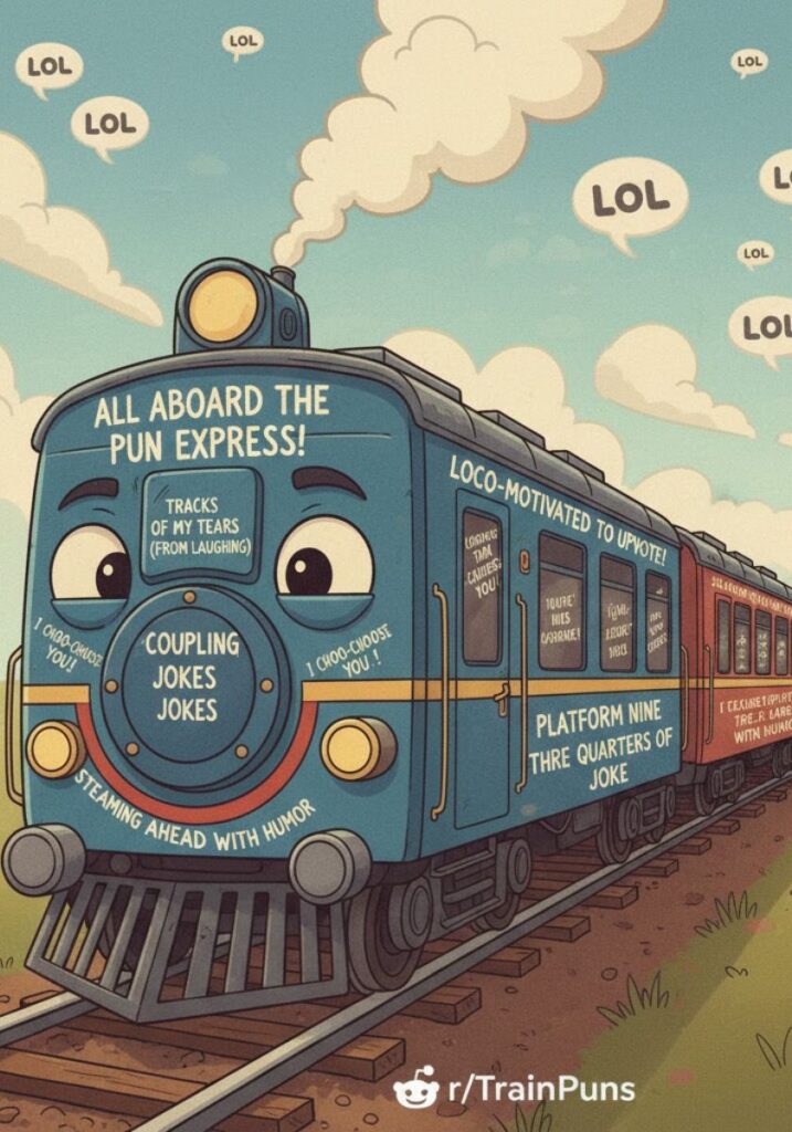 A fun collection of clever train puns shared on Reddit. Features witty wordplay,
