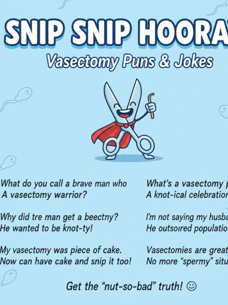 A cartoon doctor holding a clipboard and laughing with a patient, symbolizing lighthearted vasectomy puns and jokes in a humorous, playful setting.