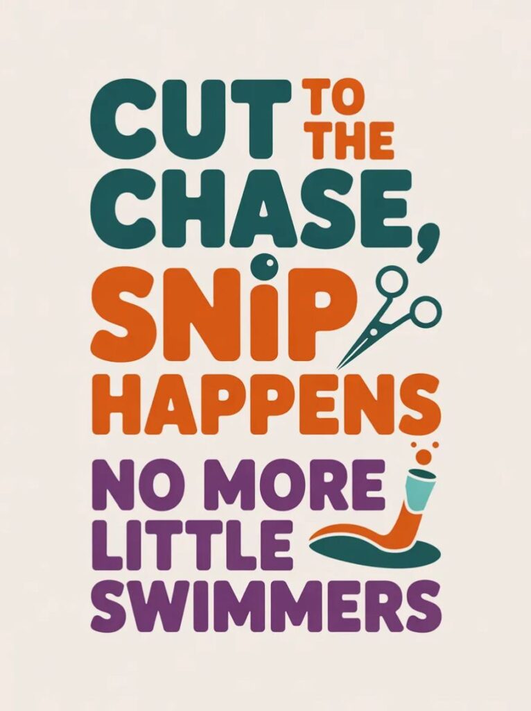 A man laughing while typing on his phone, sharing witty vasectomy puns as captions for social media posts.