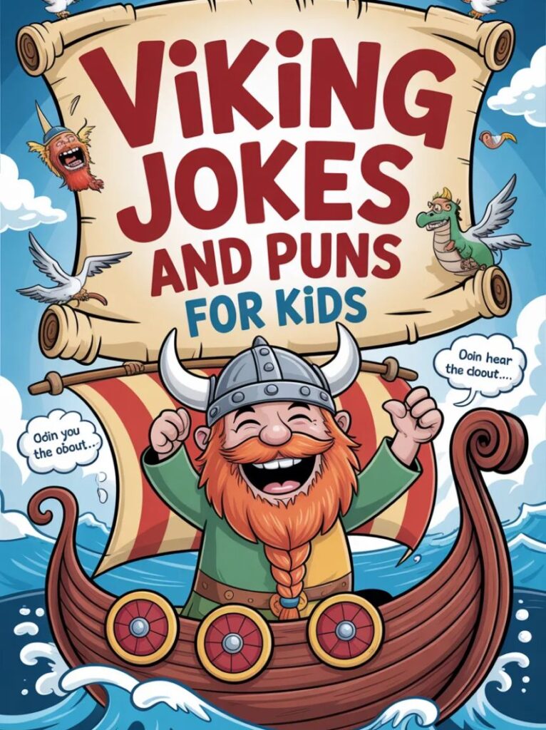 A happy cartoon Viking with a small shield entertaining children, representing playful and funny Viking jokes and puns for kids.