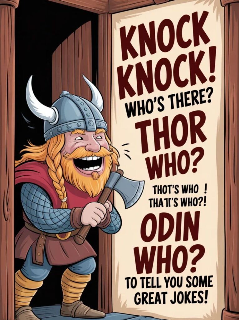 A cheerful cartoon Viking knocking on a door with a big smile, representing playful Viking-themed knock-knock jokes.