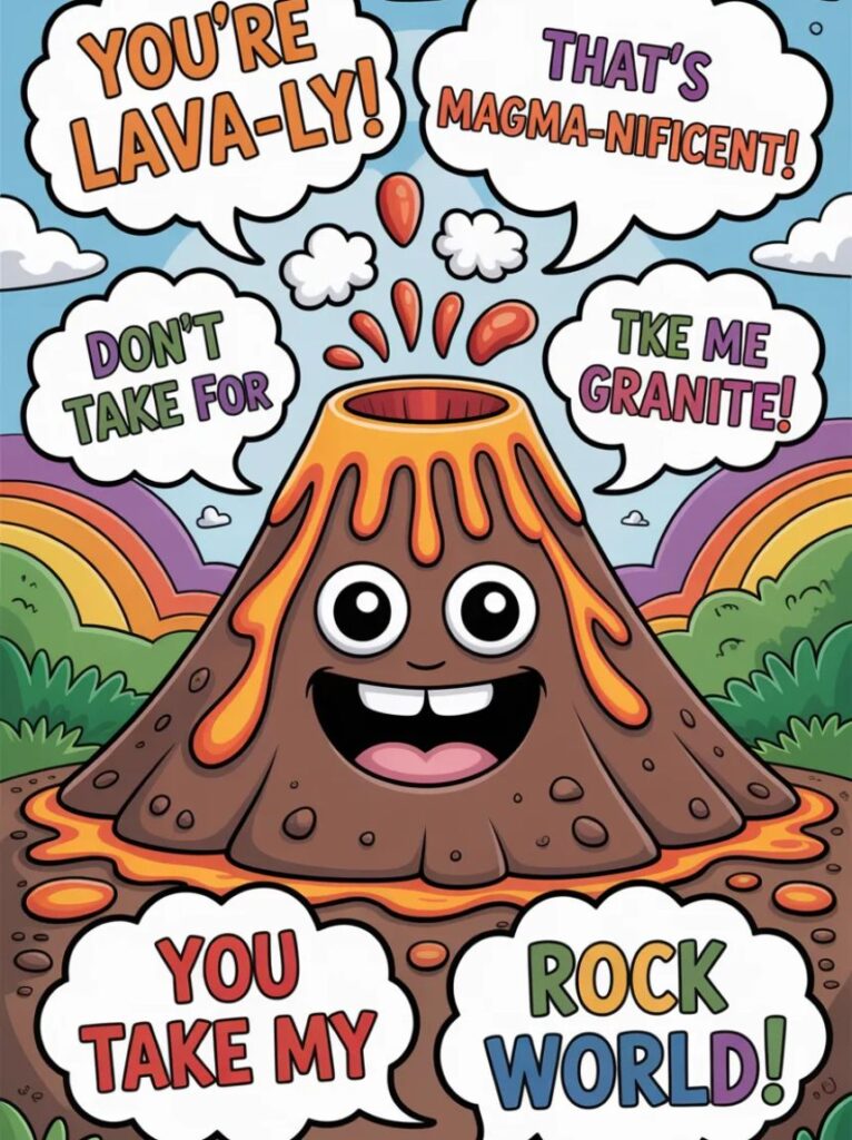 Children laughing and pointing at a cartoon volcano gently erupting with colorful lava, representing fun and kid-friendly volcano puns