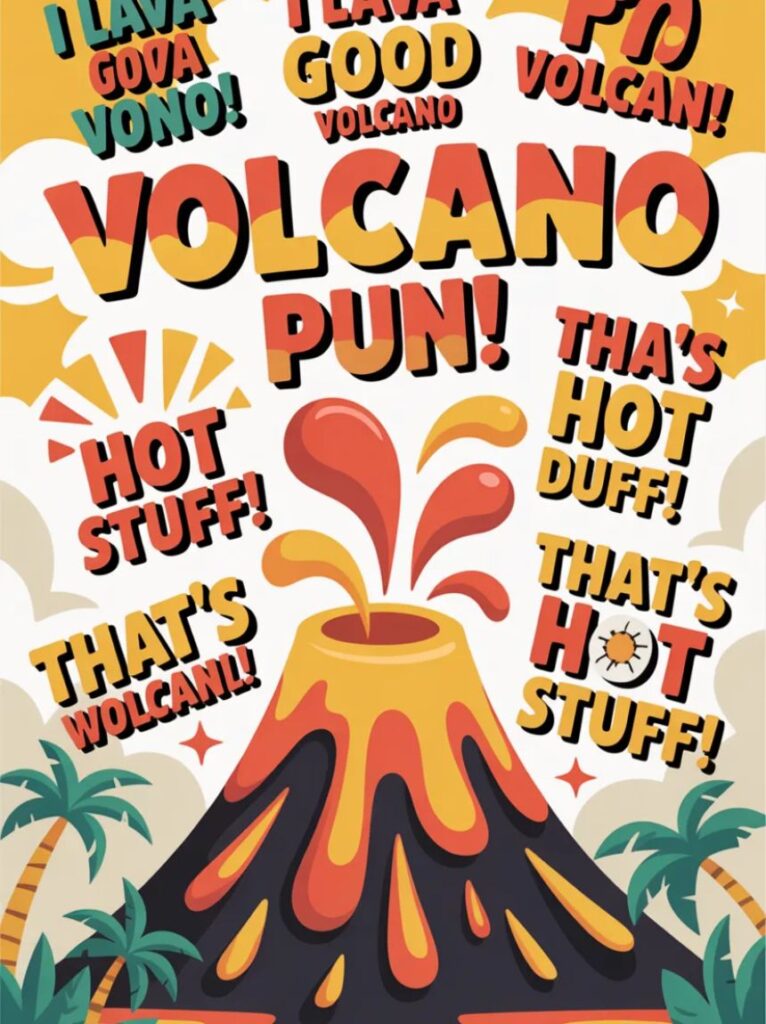A cheerful cartoon volcano with a small eruption, representing clever and funny one-liner volcano puns.