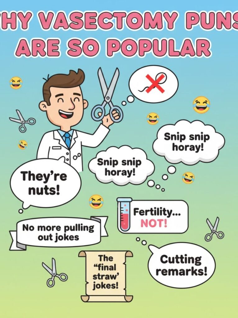 A group of friends laughing while sharing jokes about vasectomy, illustrating why vasectomy puns are popular and bring humor to adult conversations.