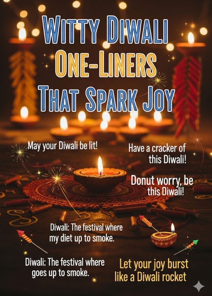 A collection of witty Diwali one-liners that spark joy, featuring clever wordplay, playful humor, and festive, lighthearted jokes for readers