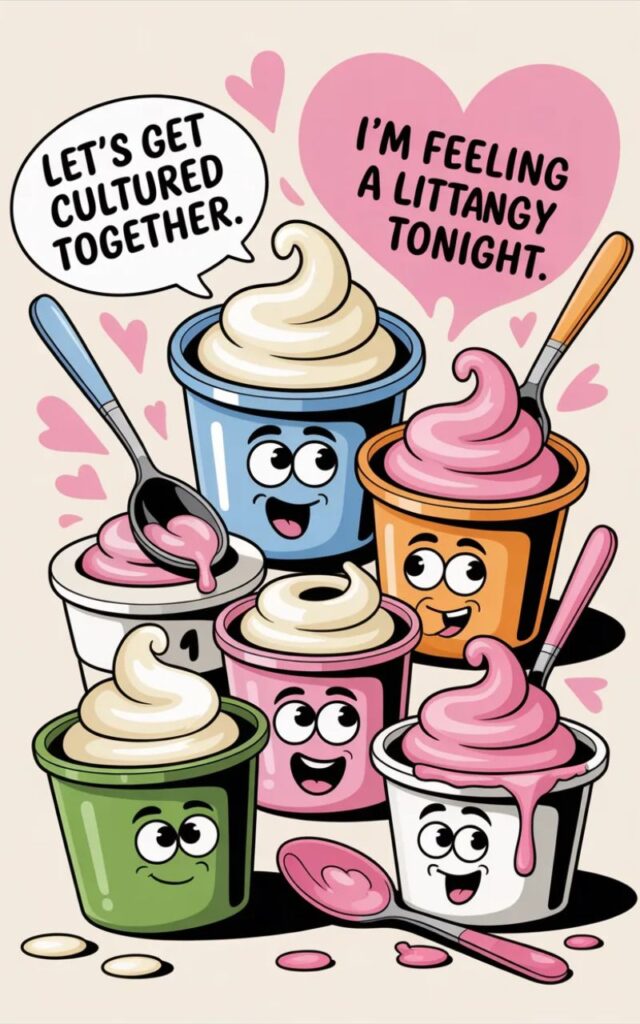 A cheeky, humorous image featuring yogurt puns with a playful twist, showing cartoon yogurt cups delivering flirty, lighthearted, and mature humor.