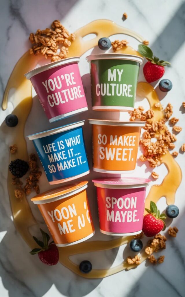 A colorful image showcasing yogurt puns for Instagram with cartoon yogurt cups, spoons, and playful text perfect for fun, shareable social media posts.