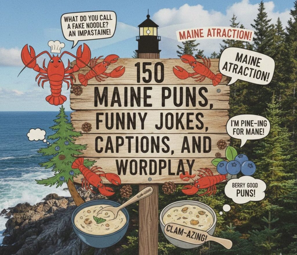 150 Maine puns—funny jokes, clever captions, and playful wordplay perfect for social media, travel posts, and lighthearted humor inspired by the state of Maine.”