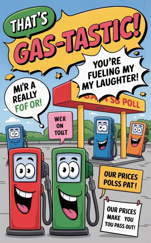 A hilarious image featuring cartoon gas pumps, fuel tanks, and cars with funny gas puns and one-liners.
