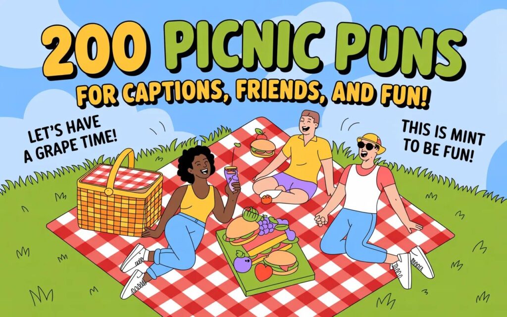 200 picnic puns for captions, friends, and fun—clever, playful wordplay perfect for outdoor posts and laughs.”