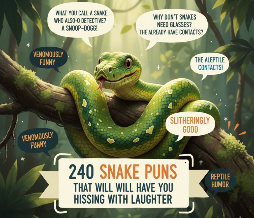 240 snake puns that will have you hissing with laughter—clever, funny, and playful wordplay perfect for captions, jokes, and lighthearted reptile humor.”