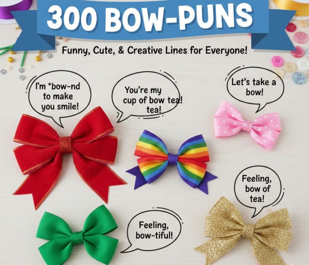 Collection of 300 bow puns, funny, cute, and creative lines for everyone, perfect for captions, jokes, and playful wordplay."
