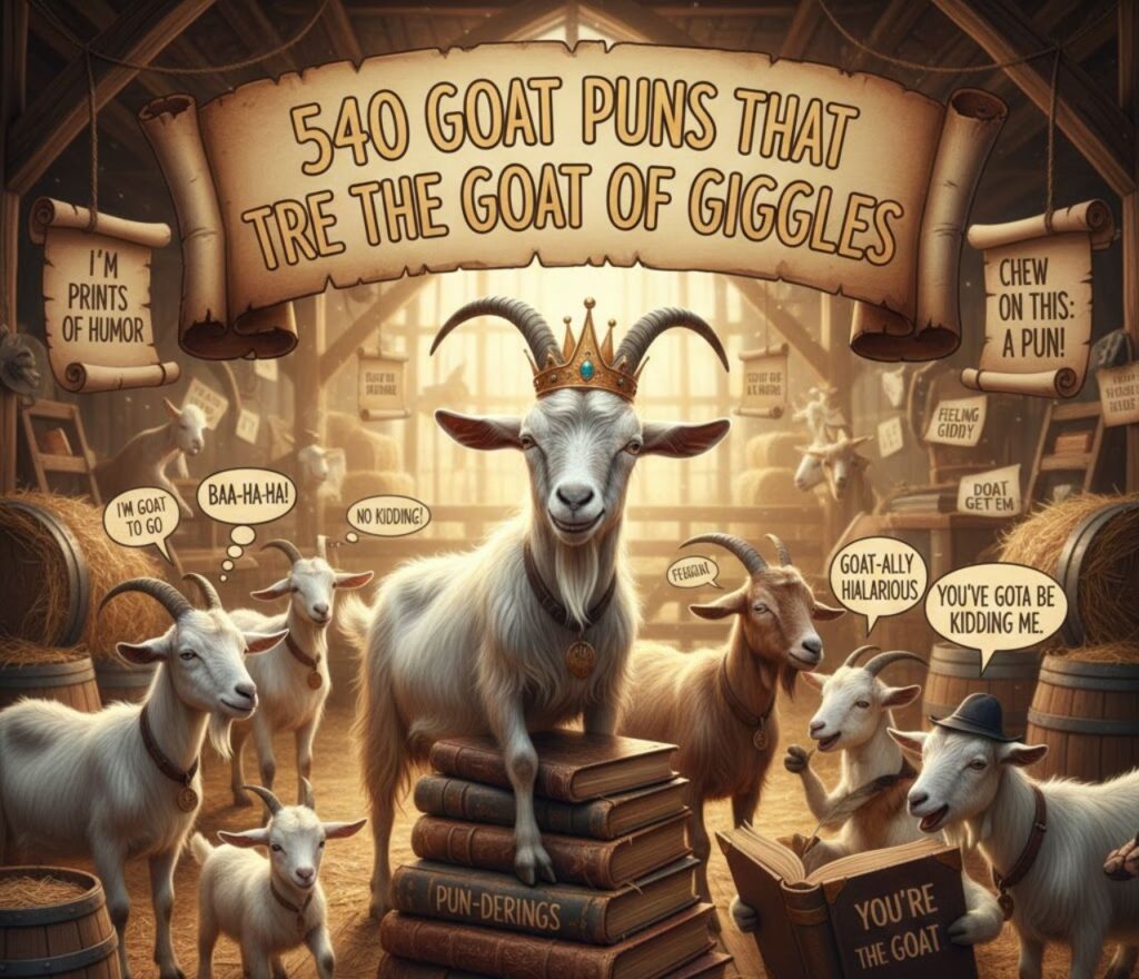 540 goat puns that are the GOAT of giggles—clever, funny, and playful wordplay perfect for captions, jokes, social media posts, and lighthearted animal humor.”