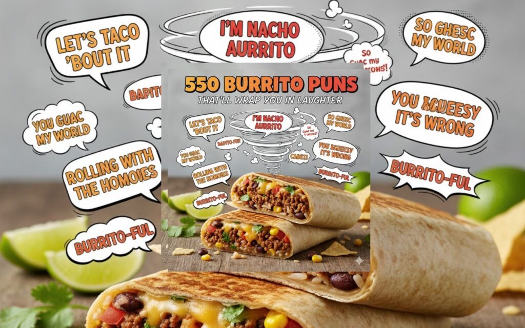 “550 burrito puns that’ll wrap you in laughter—funny, flavorful wordplay that’s stuffed with humor.
