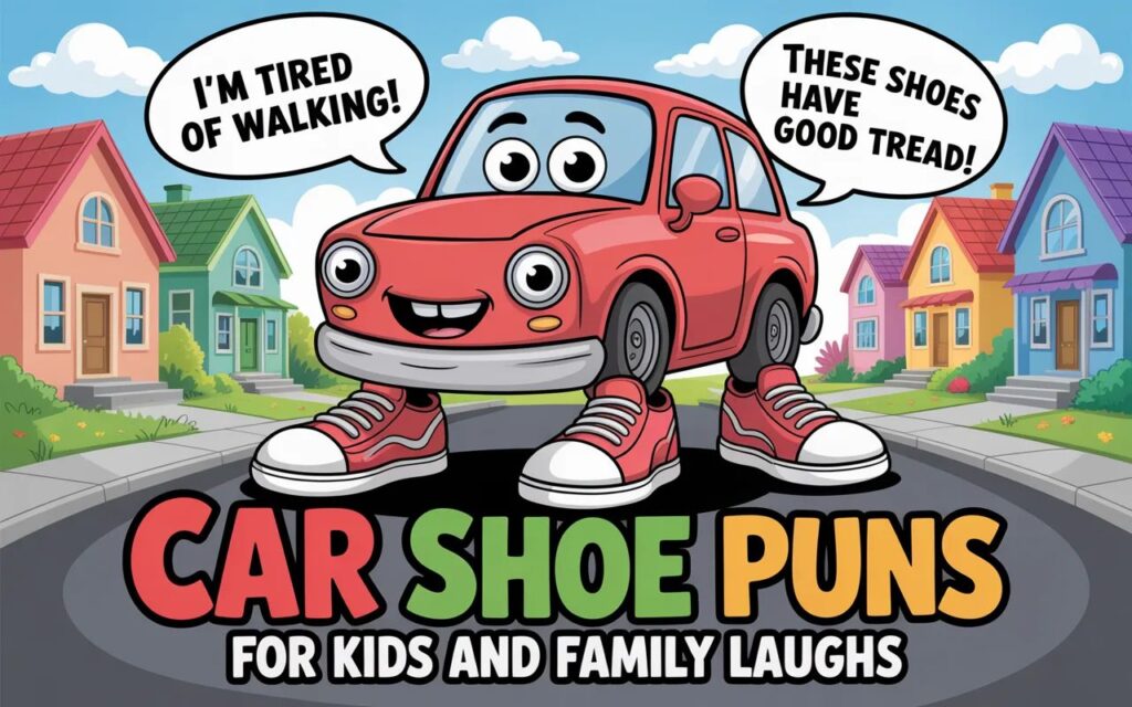 “Car shoe puns for kids and family laughs—playful, funny wordplay that’s perfect for family-friendly humor, captions, and lighthearted fun.”