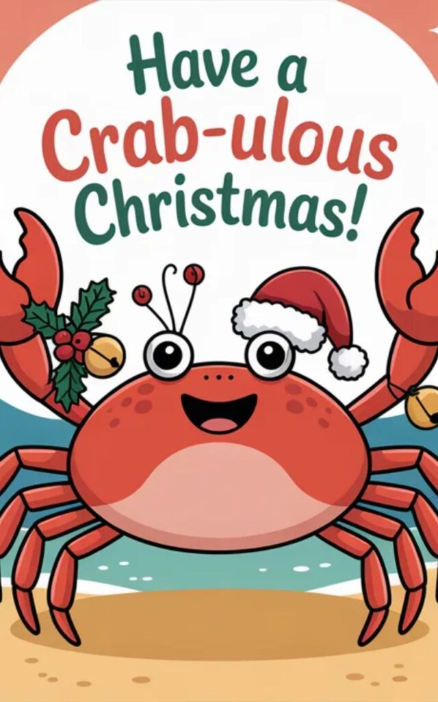 A joyful holiday-themed image featuring smiling cartoon crabs in Santa hats surrounded by snow, seashells, and twinkling lights.
