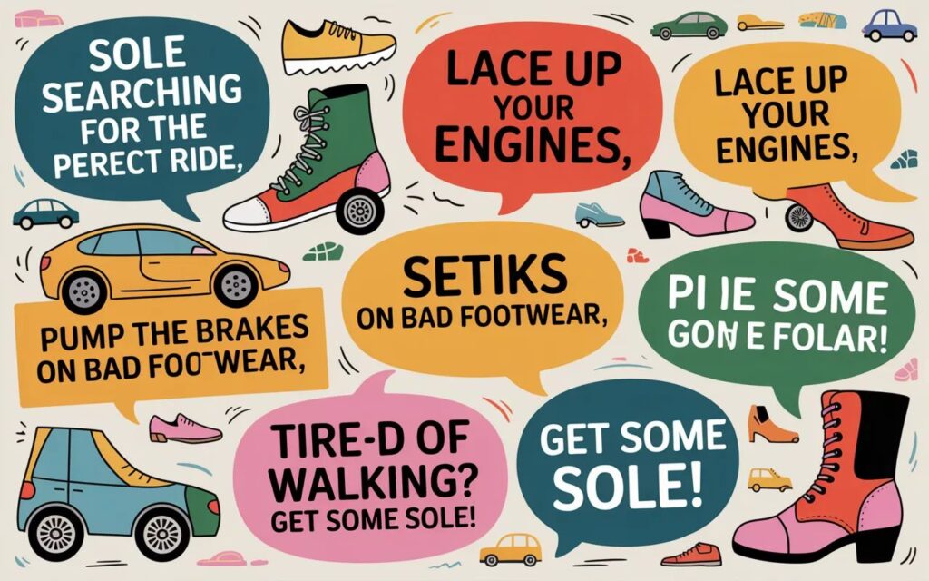 “Clever car shoe puns for car lovers—fun, witty wordplay combining automobiles and footwear, perfect for enthusiasts, captions, and playful humor.